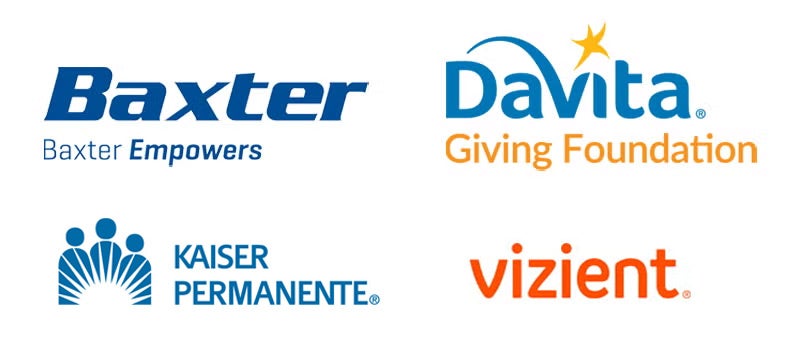 large Baxter logo, large DaVita logo, Kaiser Permanente logo, small Vizient logo