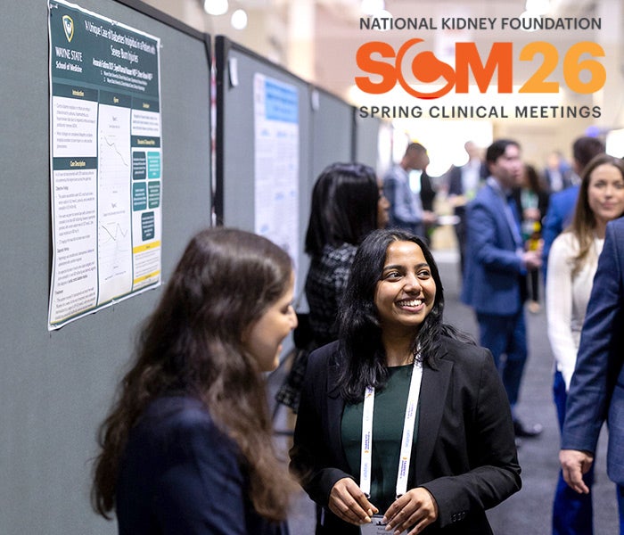 Healthcare professionals sharing a physical poster at SCM26 with the findings from their abstract, National Kidney Foundation Spring Clinical Meetings 2026 logo