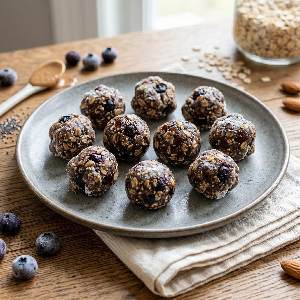 Bolas energéticas caseras elaboradas con arándanos congelados, avena, mantequilla de almendras y dátiles