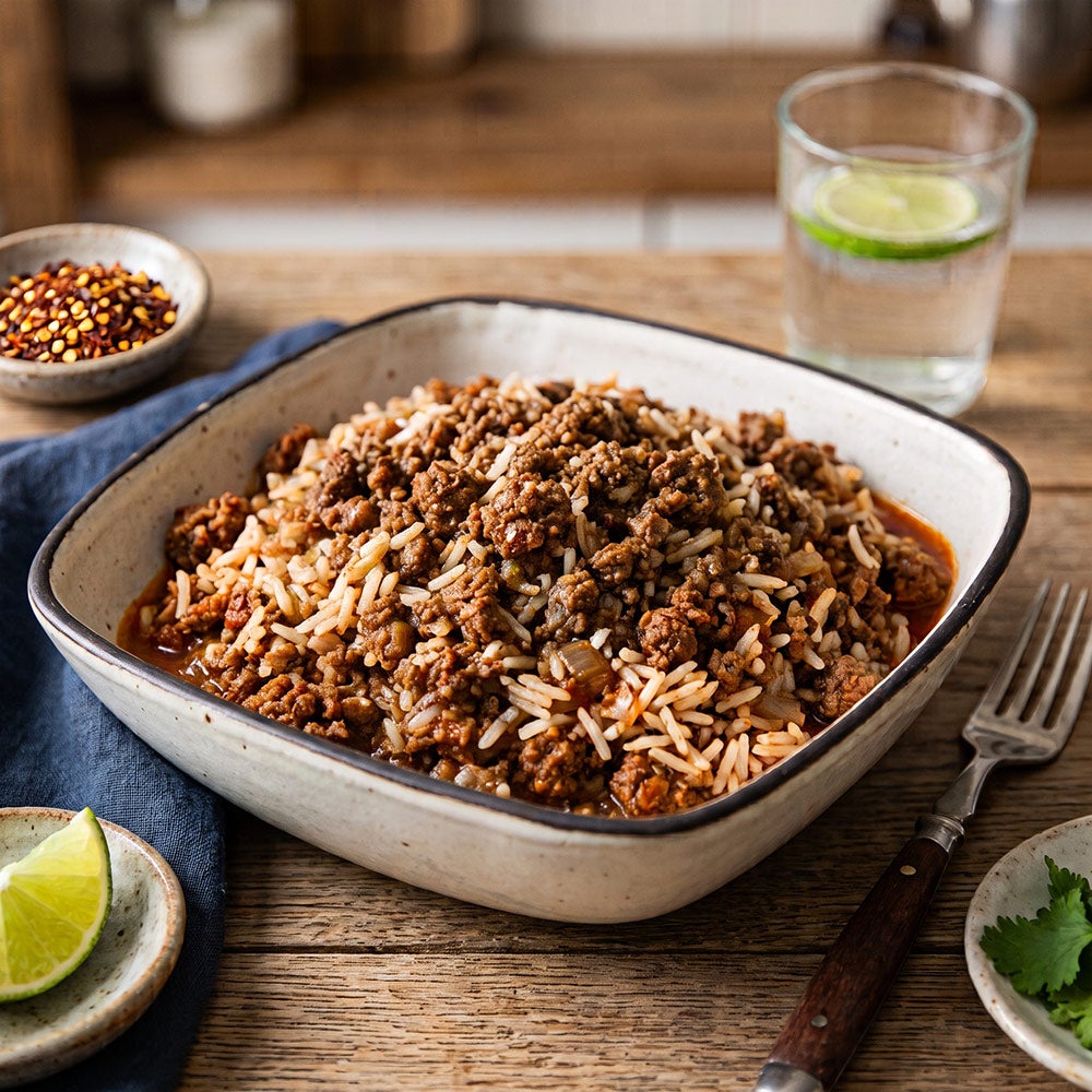 Chile con carne seasoned rice with beef