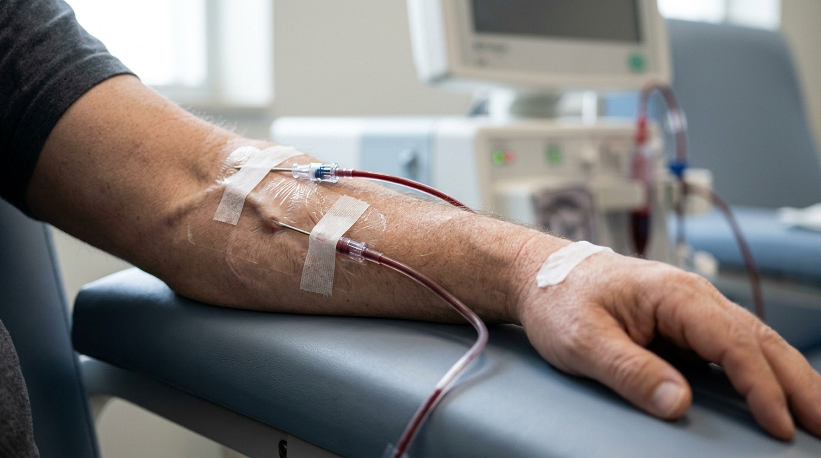 Patient's sitting in a medical setting with their arm prominently featured, showing the dialysis IV sites.