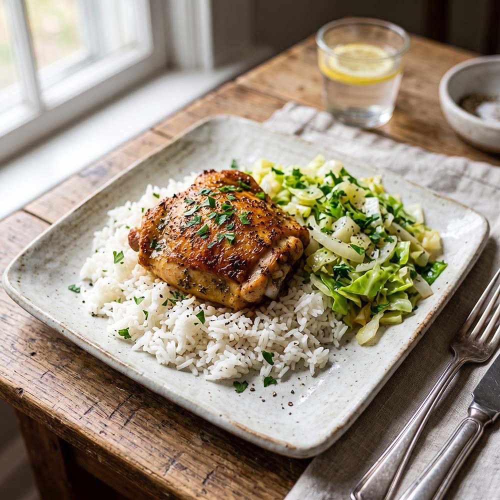 Roasted chicken thigh with cabbage and white rice