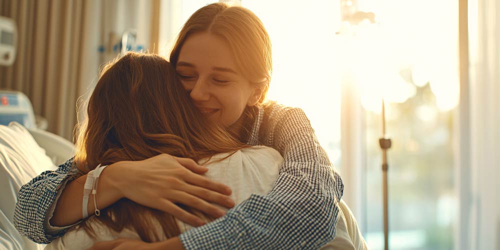 Woman being comforted by her daughter in a hospital bed