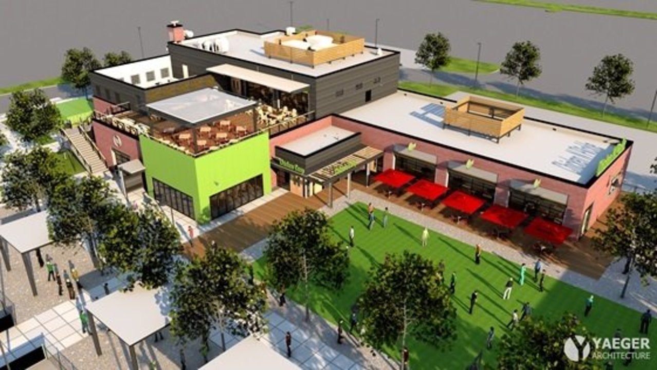 an architect's rendering of the Chicken N Pickle restaurant