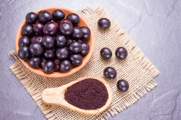 Bowl of fresh and bowl of powdered acai berries