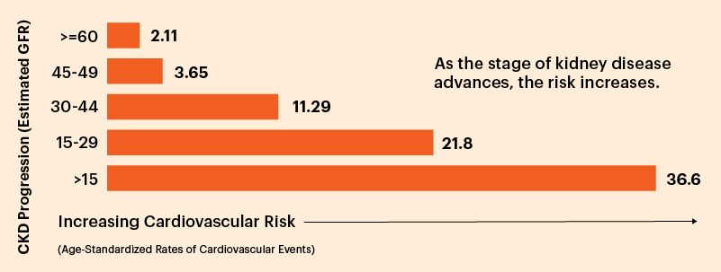 A bar graph showing the increasing cardiovascular risk as estimated GFR decreases)