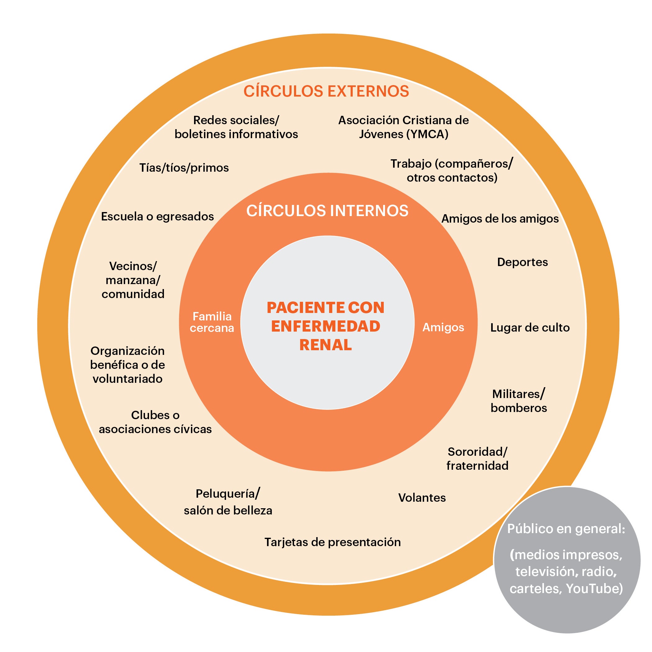 Círculos concéntricos que muestran al paciente con enfermedad renal en el centro con los círculos internos (familia cercana y amigos) y los círculos externos (deportes, otra familia, trabajo, militares/bomberos, peluquería, clubes, vecinos y otros)