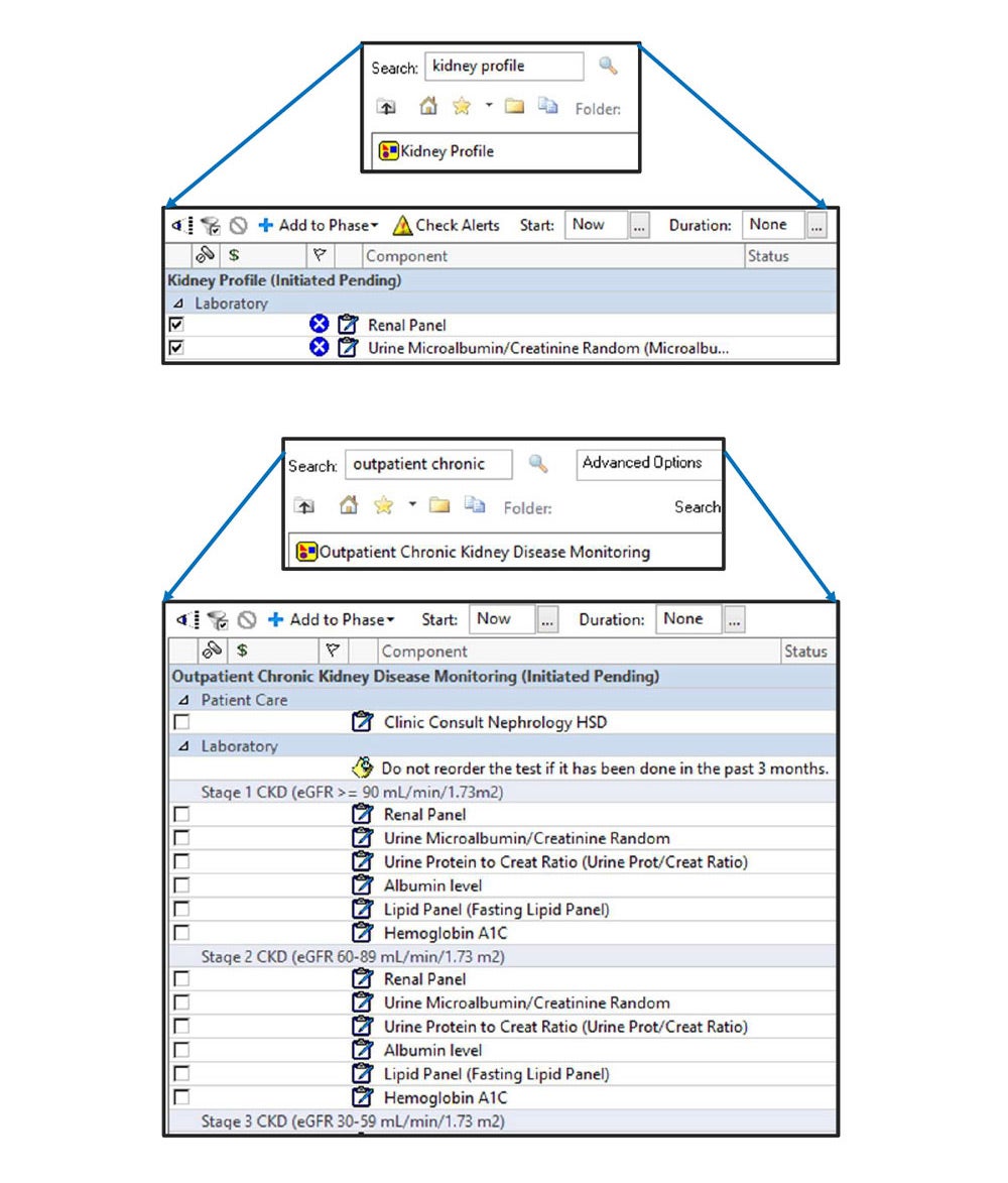 Order sets are adaptable EHR tools that facilitate ordering components of effective clinical care. The order set in the Example has been configured to accommodate institution preferences while still advancing guideline-concordant CKD testing.