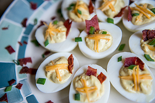 Turkey Bacon, Egg and Cheese Deviled Eggs