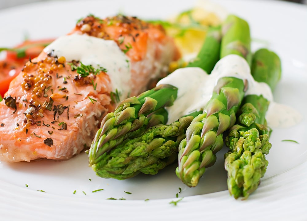 Baked Salmon with Roasted Asparagus on Cracked Wheat Bun