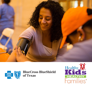 Doctor taking a patient's blood pressure at NKF Keep Healthy event, Blue Cross Blue Shield of Texas Logo, Healthy Kids Healthy Families Logo