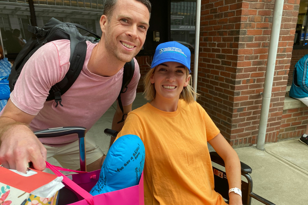 Megan and husband outside hospital after surgery