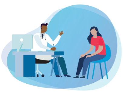 kidney blob with cartoon of patient and healthcare professional consulting