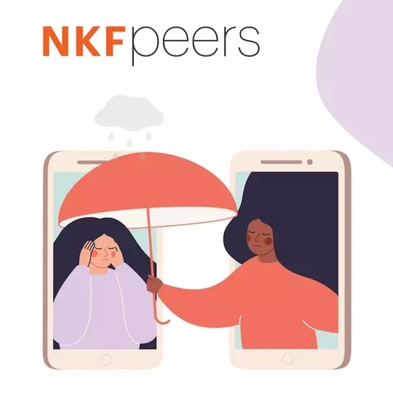 Illustration of two people, each inside of a smartphone, one is upset and the other is handing her an umbrellaIllustration of two people, each inside of a smartphone, one is upset and the other is handing her an umbrella, with NKF Peers Logo