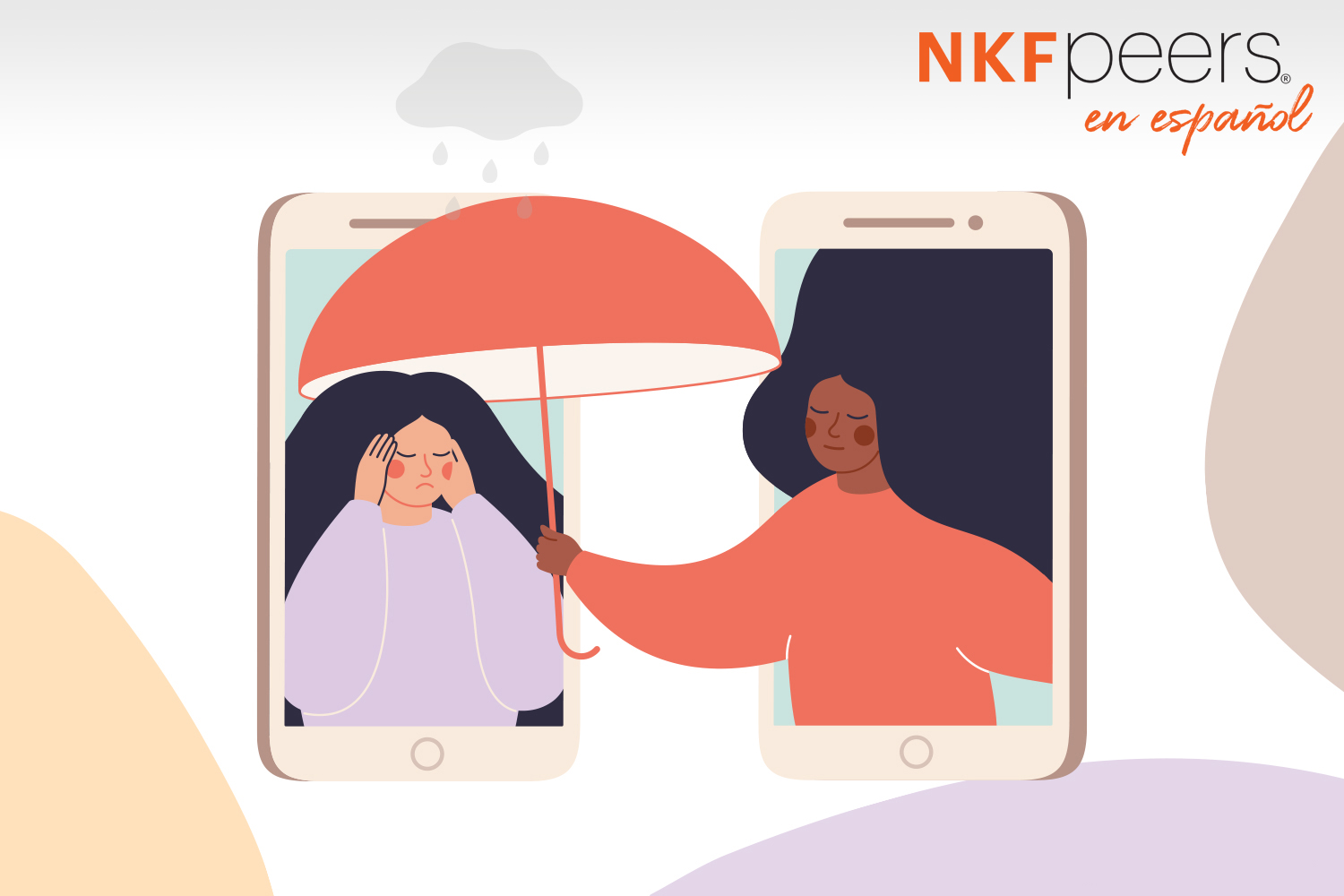 Ilustración de dos personas, cada una dentro de un teléfono inteligente, una está molesta y la otra le entrega un paraguas, con el logotipo de NKF Peers