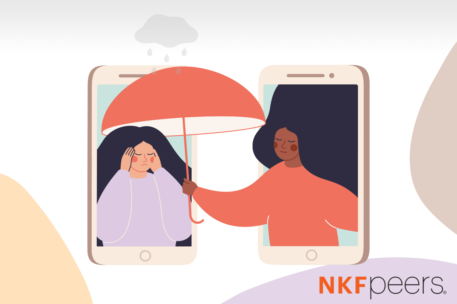 Illustration of two people, each inside of a smartphone, one is upset and the other is handing her an umbrella, with NKF Peers Logo