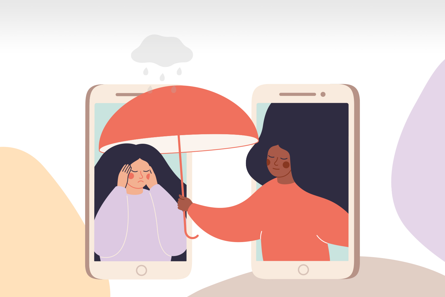 Illustration of two people, each inside of a smartphone, one is upset and the other is handing her an umbrellaIllustration of two people, each inside of a smartphone, one is upset and the other is handing her an umbrella