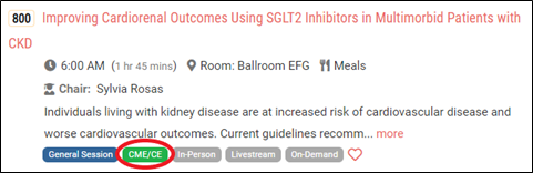 Screenshot of conference programing circling green "CME/CE" labeled tag.