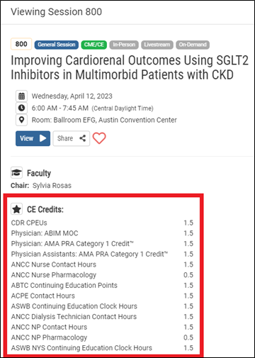 Screenshot of conference programing outlining where to find credits/contact hours available under "CE Credits".