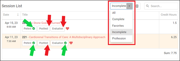 Screenshot of Session List showing check marks besides Pretest, Posttest, and Evaluation buttons to show as completed. 