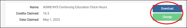 Screenshot showing "Download" and "Change" buttons, both of which appear after the "Claim Credits' button has been selected.