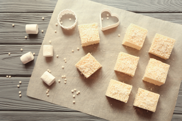 Rice crispy treats on parchment paper.