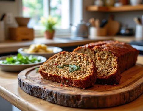 slices of vegan meatloaf on a cutting board in a kitchen