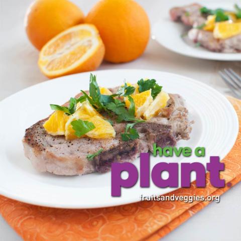 Pork chops with orange salsa, Have a Plant logo, fruitsandveggies.org