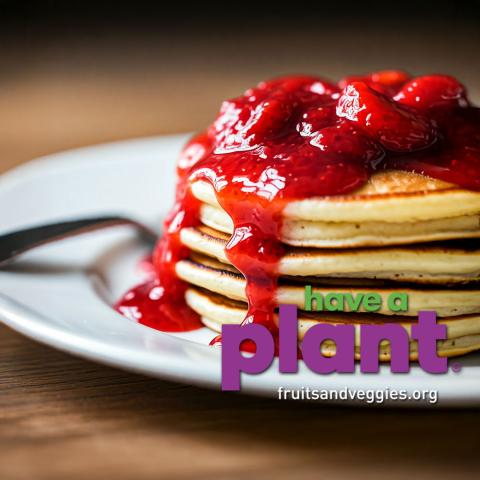 Pancakes with strawberry sauce, have a plant logo