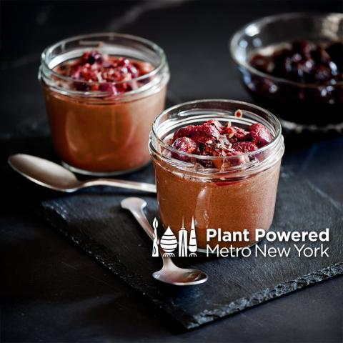 Black cherry chocolate mousse, Plant Powered Metro New York Logo
