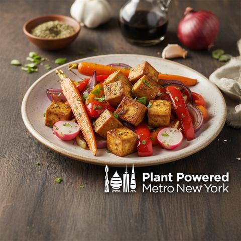 Balsamic Herb Tofu with Rainbow Roast Vegetables, Plant Powered Metro New York logo