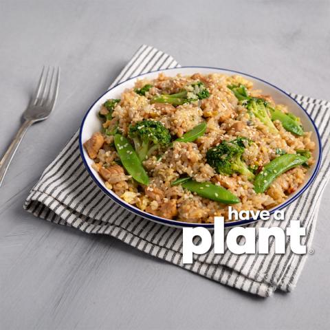 Chicken, Broccoli, Snow Pea Stir-fry over Brown Rice, Have a Plant logo