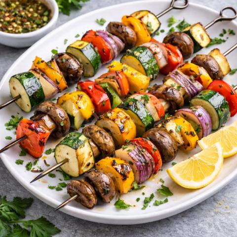 Grilled vegetable kebabs with zucchini, mushrooms, bell peppers, and onion