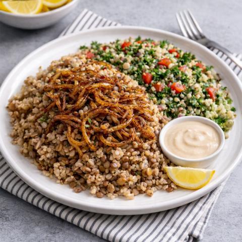 Mujadara and Tabbouleh on a plate with tahini sauce on the side