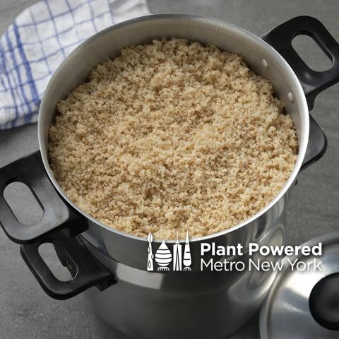 Bulgar wheat steamed in pot, Plant Powered Metro New York logo