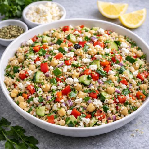 quinoa salad with chickpeas, tomatoes, cucumber, feta, onion, parsley