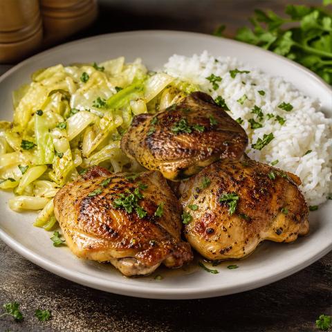 Seasoned chicken thighs with cabbage and rice