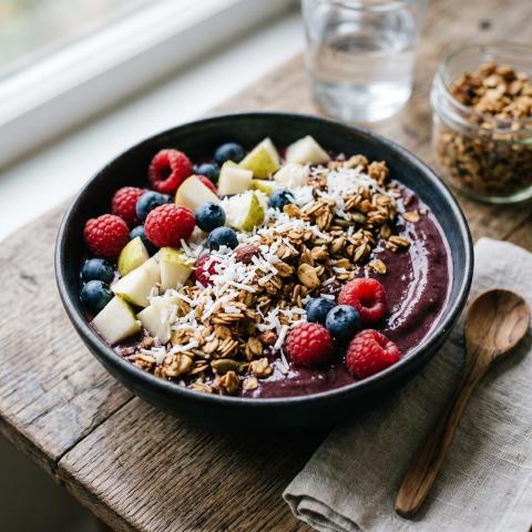 Acai Bowl with berries, chopped pear, granola, and coconut flakes