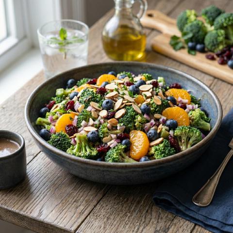 Broccoli salad with fresh blueberries, mandarin oranges, dried cranberries, and sliced almonds