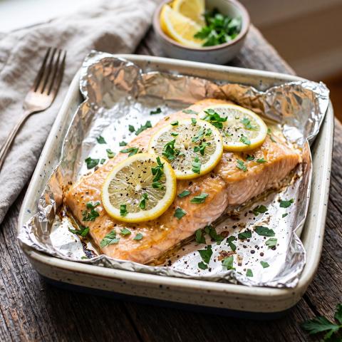 Tender baked salmon with garlic, lemon, herbs, parsley, and a light brown sugar glaze