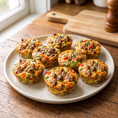 Savory egg cups with seasoned pork, colorful peppers, onions, and herbs