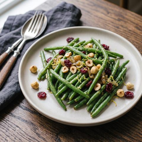 Crisp green beans tossed with toasted hazelnuts, sweet dried cranberries, shallots, and lemon zest.
