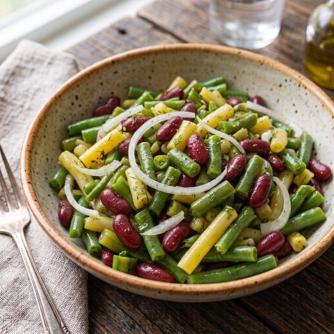 Three bean salad with green beans, wax beans, kidney beans, onion, and tangy vinegar dressing