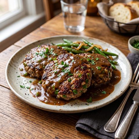 Beef patties cooked Salisbury Steak style with gravy