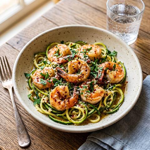 Shrimp scampi served over zucchini noodles