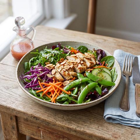 Mixed greens salad with fresh vegetables, nuts, chicken, and a strawberry vinaigrette
