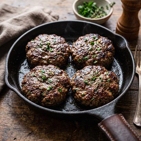 herby burger patties in a skillet