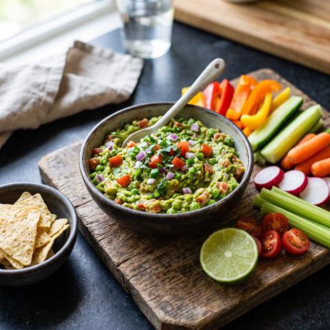 Guacamole with toppings and raw veggies on the side
