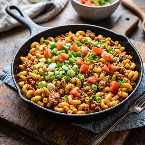 Skillet with ground turkey, macaroni, scallions, peppers, and tomatoes