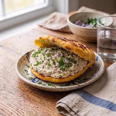Homemade arepa filled with chicken and chickpea salad, topped with parsley and red onion